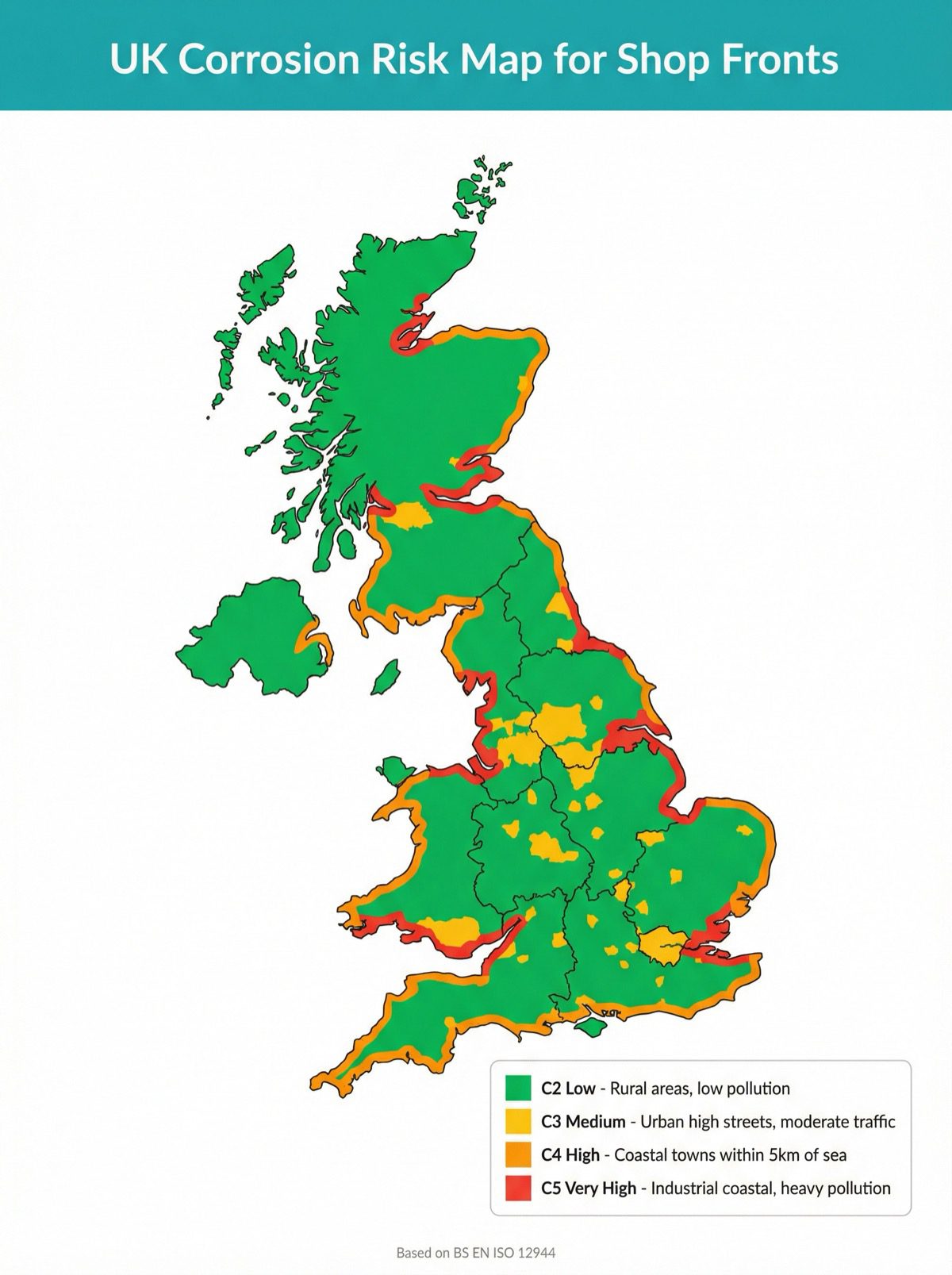 UK corrosion risk map showing C2 to C5 zones based on BS EN ISO 12944